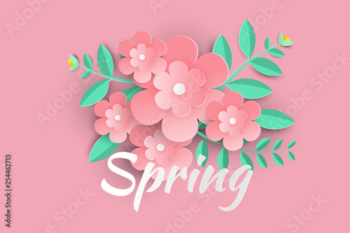 Hello Spring sale background with beautiful paper flowers,brochures or banner,Paper art style.