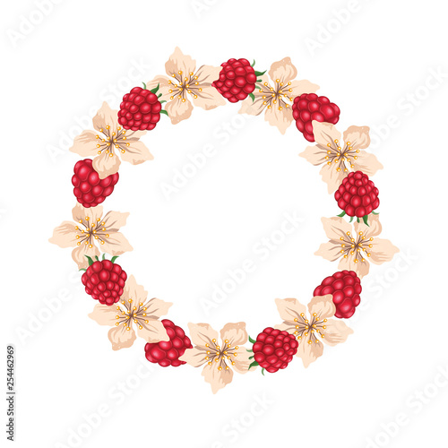 Round frame with raspberry and blossom. Vector