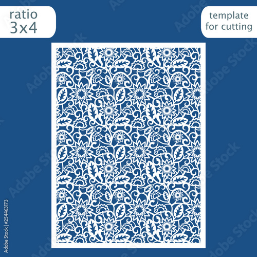 Laser cut wedding invitation card template.  Cut out the paper card with floral pattern.  Greeting card template for cutting plotter. Vector.