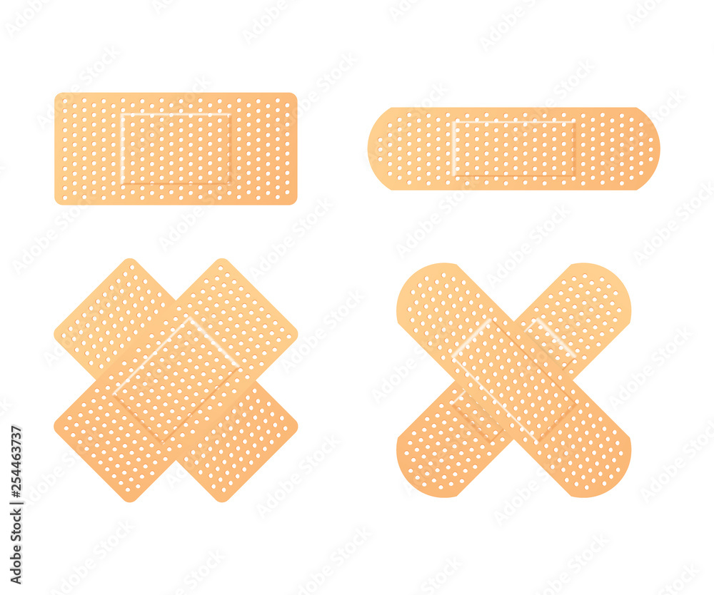 Elastic medical plasters. Adhesive bandage, called a sticking plaster collection. Vector illustration. Elastic medical plasters. Adhesive bandage, called a sticking plaster collection. Vector illustration.