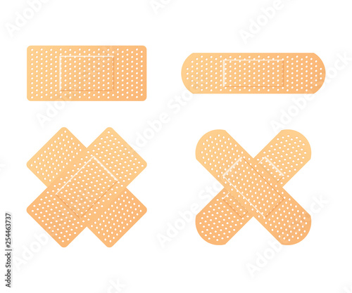 Elastic medical plasters. Adhesive bandage, called a sticking plaster collection. Vector illustration.