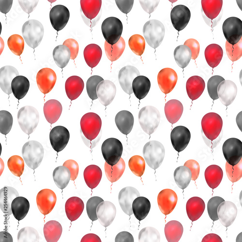 Luxury balloons in red, silver and black colours, seamless pattern on white