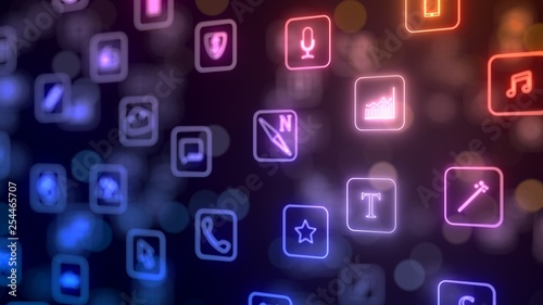 flow of smartphone app icons. neon style glowing icons. 3d illustration