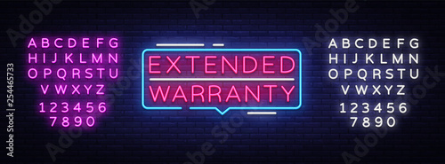 Extended Warranty neon sign vector. Extended Warranty template neon text, light banner, neon signboard, nightly bright advertising, light inscription. Vector. Editing text neon sign