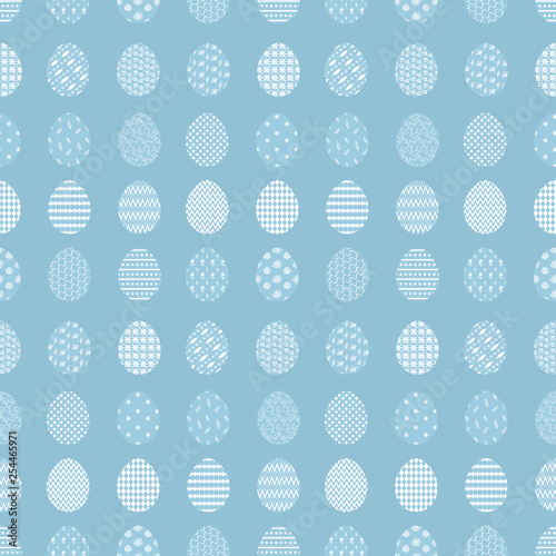 Tender blue Happy Easter seamless pattern with white decorated eggs. Gentle ornamental eggs texture for Easters package, gift wrapping paper, textile, covers, background