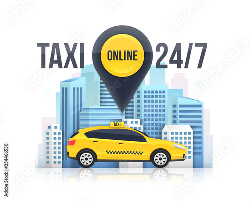 Creative vector illustration of taxi online service banner, urban city skyscrapers isolated on transparent background. Art design mobile app template. Abstract concept graphic element