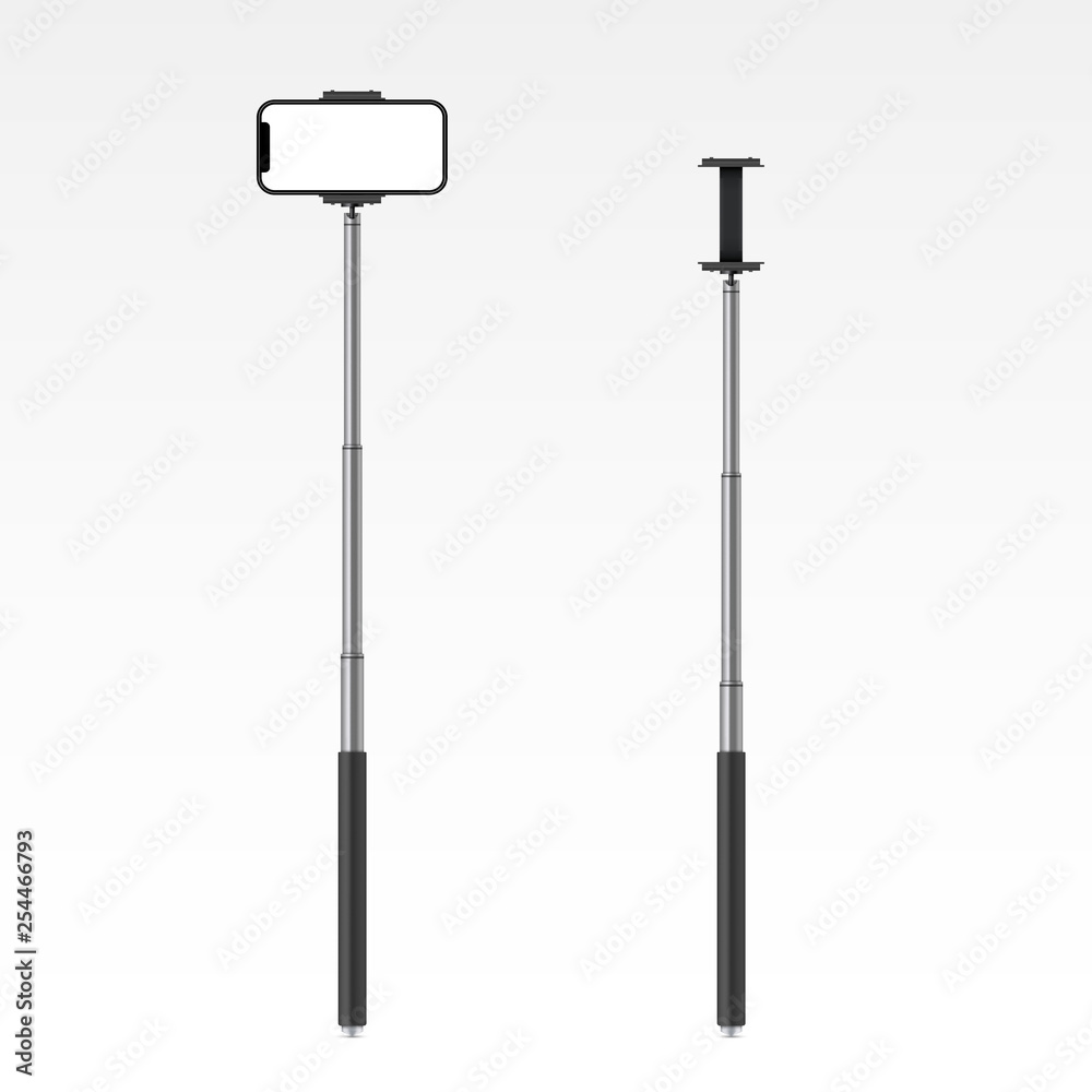 Creative vector illustration of monopod selfie stick with phone, smartphone isolated on transparent background. Art design template. Abstract concept graphic element Creative vector illustration of monopod selfie stick with phone, smartphone isolated on transparent background. Art design template. Abstract concept graphic element