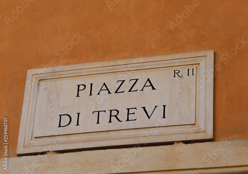 road sign of Piazza di Trevi that means Square of Trevi in Rome