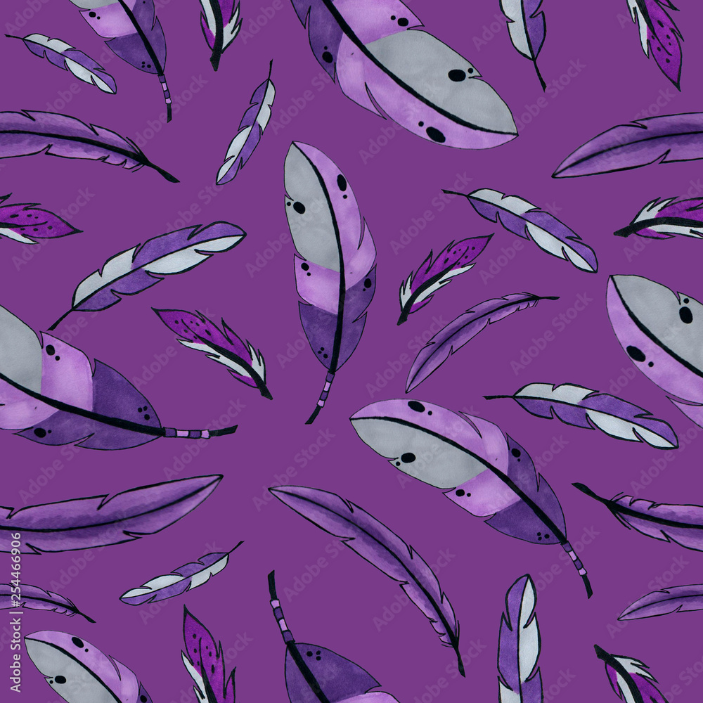 purple feathers seamless pattern. colorful bird feathers repeating background for web and print purpose. marker art
