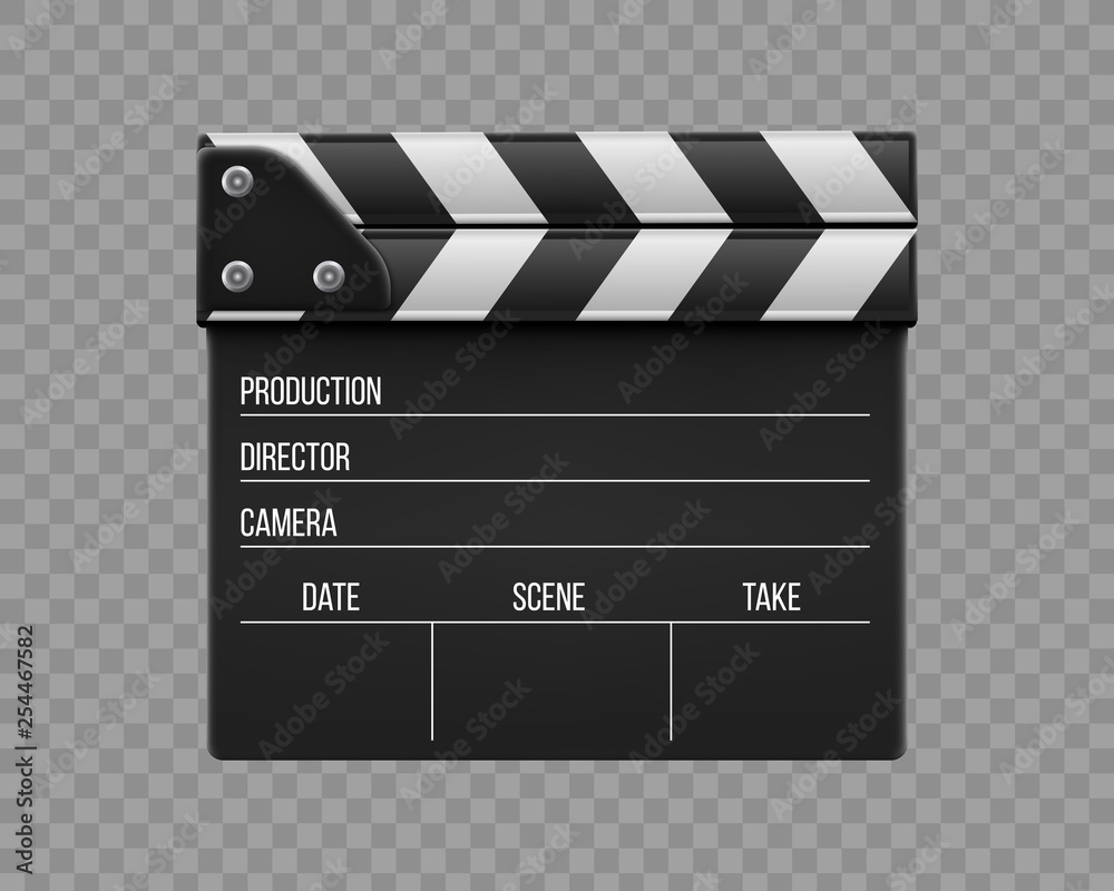 Creative vector illustration of 3d realistic movie clapperboard, film clapper isolated on transparent background. Art design cinema slate board template. Abstract concept graphic filmmaking element