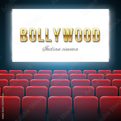 Creative vector illustration of bollywood cinema background. Art design indian movie, cinematography, theater banner or poster template. Abstract concept graphic film board element on red curtains