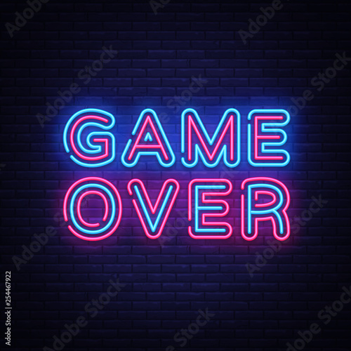 Game Over Neon Text Vector. Game Over neon sign, Gaming design template, modern trend design, night neon signboard, night bright advertising, light banner, light art. Vector illustration