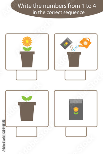 Visual game with garden pictures for kids, educational task for the development of logical thinking, preschool worksheet activity, write numbers, vector illustration