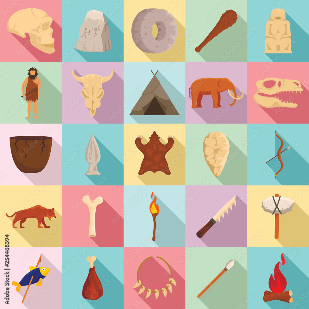 Stone age icons set. Flat set of stone age vector icons for web design