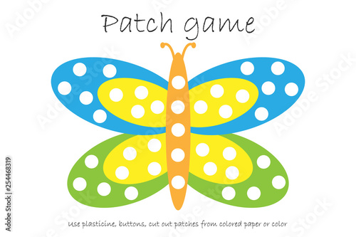Education Patch game butterfly for children to develop motor skills, use plasticine patches, buttons, colored paper or color the page, kids preschool activity, printable worksheet, vector