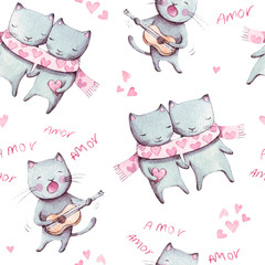 Wandcirkels Aquarel prints patronen Cats seamless pattern. Watercolor illustration. Pink, white cats. Pattern for a gift, textile.  © BloomPix