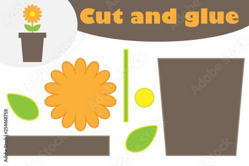 Flower in the pot cartoon, education game for the development of preschool children, use scissors and glue to create the applique, cut parts of the image and glue on the paper, vector illustration