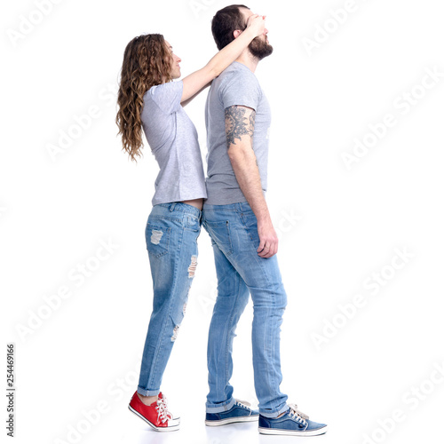 Woman closed eyes men surprise on a white background isolation