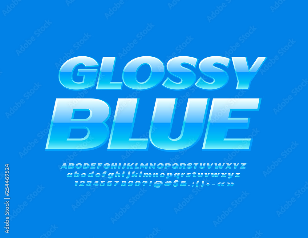 Vector Glossy Blue Font. Stylish Alphabet Letters, Numbers and Symbols.