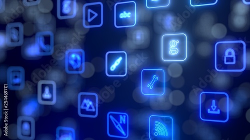 flow of smartphone app icons. neon style glowing icons. 3d illustration