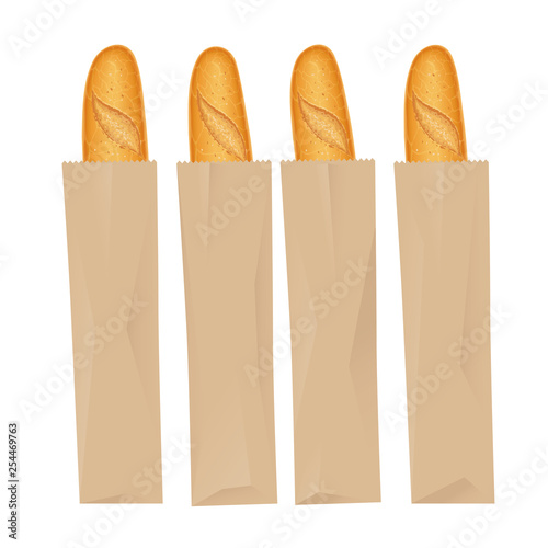 French baguette bread. Fresh baking. Set of tasty food. Baked goods for lunch. Traditional meal. Bakery for breakfast. Isolated white background. Eps10 vector illustration.