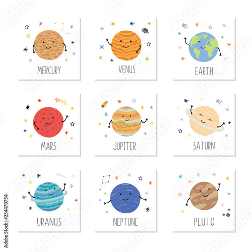 Cute cards for kids are fun planet, pluto, mars, mercury, earth, venus, jupiter, saturn, uranus, neptune.