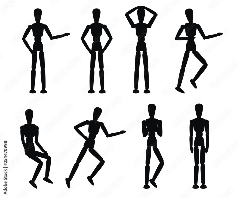 Black silhouette. Wooden mannequin collection. Dummy with different poses. Cartoon flat style. Vector illustration isolated on white background Black silhouette. Wooden mannequin collection. Dummy with different poses. Cartoon flat style. Vector illustration isolated on white background