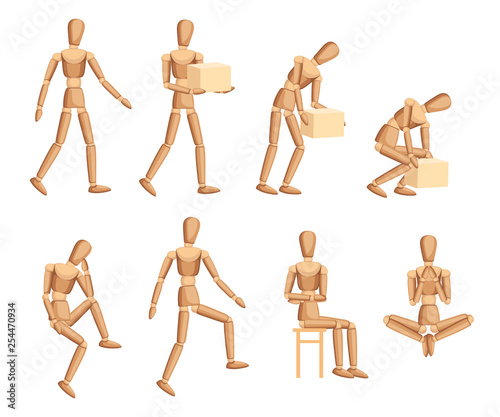 Wooden mannequin collection. Dummy with different poses. Cartoon flat style. Vector illustration isolated on white background