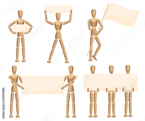Wooden mannequin collection. Dummy with different poses. Cartoon flat style. Vector illustration isolated on white background
