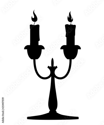 Black silhouette. Silver candelabrum with burning red candle. Flat vector illustration on white background. Home decor furniture. Candelabra with two branches