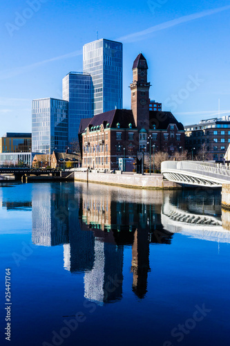 Juxtaposition of old and new building styles and architecture in central Malmo, Sweden