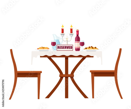 Black silhouette. Restaurant and cafe wooden table and two chairs. Food on plates and wine. Flat vector illustration isolated on white background. Nameplate RESERVED