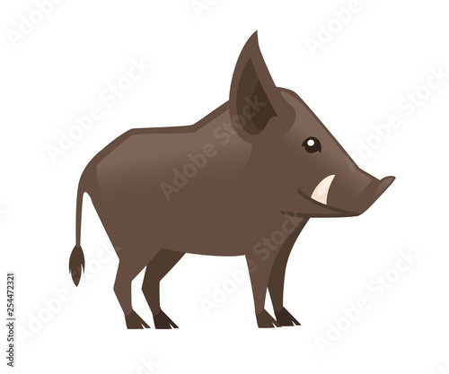 Cute Brown boar. Warthog character with fangs. Cartoon animal design. Flat vector illustration isolated on white background. Forest inhabitant. Wild animal with dark brown fur