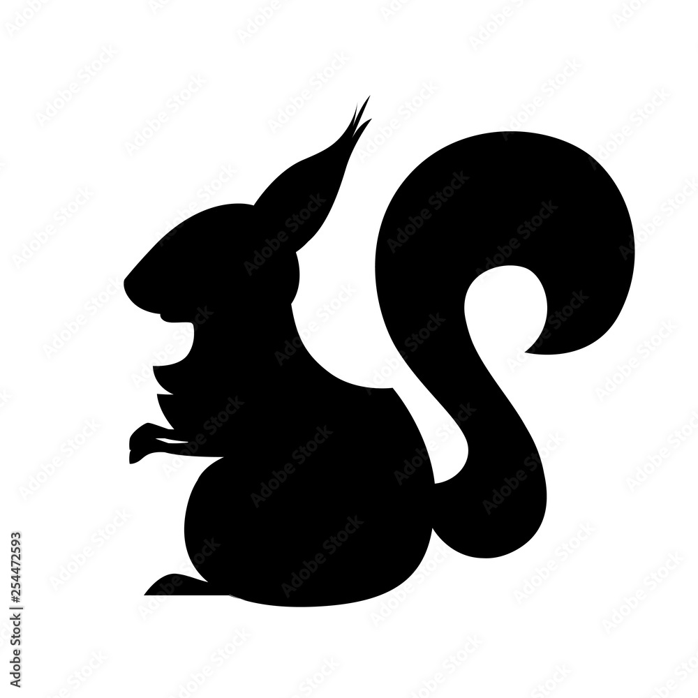 Black silhouette. Cute squirrel. Family Sciuridae. Cartoon animal design. Flat vector illustration isolated on white background. Forest inhabitant. Wild animal with red fur Black silhouette. Cute squirrel. Family Sciuridae. Cartoon animal design. Flat vector illustration isolated on white background. Forest inhabitant. Wild animal with red fur