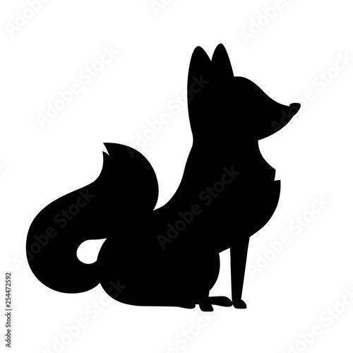 Black silhouette. Cute fox. Onivorous mammals, family Canidae. Cartoon animal design. Flat vector illustration isolated on white background. Forest inhabitant