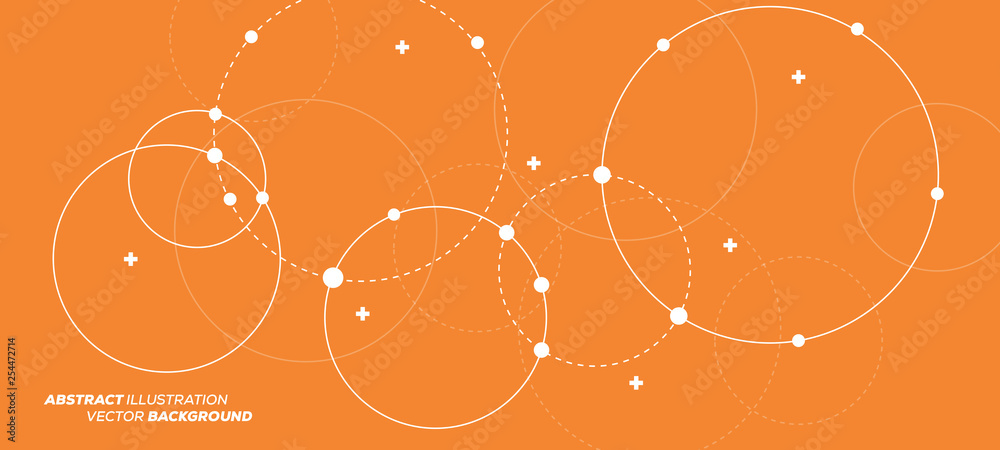 Abstract vector illustration with overlapping circles, dots and dashed circles. Science and connection concept. Wide molecule structure background. - obrazy, fototapety, plakaty 