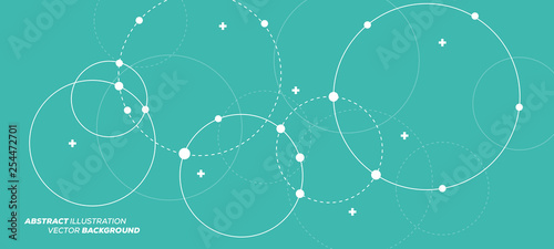 Abstract vector illustration with overlapping circles, dots and dashed circles. Science and connection concept. Wide molecule structure background.