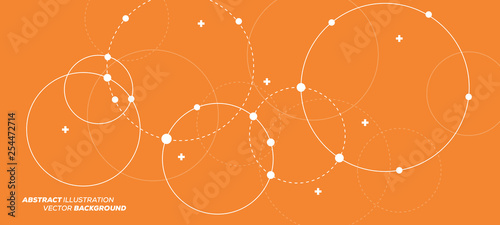 Abstract vector illustration with overlapping circles, dots and dashed circles. Science and connection concept. Wide molecule structure background.
