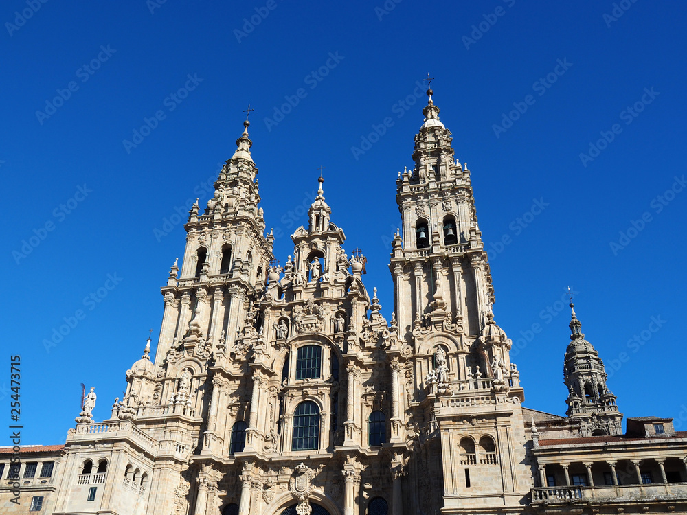 View of the Cathedral in Santiago de Compostela, Galicia, Spain. It is a place of pilgrimage on the Way of Saint James.