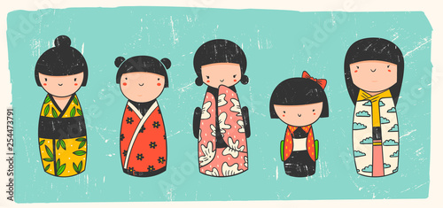 Cute Kokeshi dolls. Various characters. Traditional japanese toys. Kawaii illustration. Hand drawn colored vector set. Stamp texture. All elements are isolated