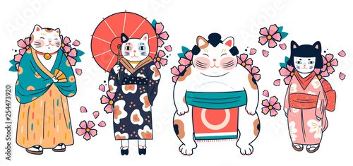 Various cats dressed in traditional japanese clothes with sakura flowers. Anthropomorphic animals. Kawaii illustration. Hand drawn colored vector set. All elements are isolated