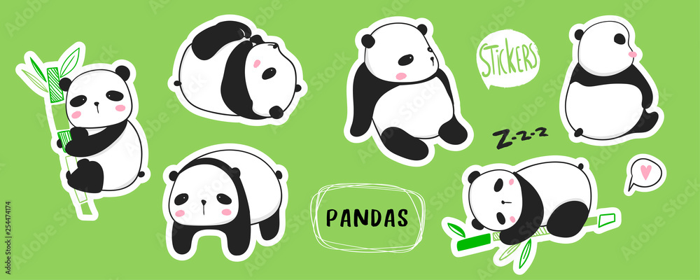 Kawaii panda bears. Cute pandas in various poses. Hand drawn colored vector set. Pre-made stickers. All elements are isolated Kawaii panda bears. Cute pandas in various poses. Hand drawn colored vector set. Pre-made stickers. All elements are isolated
