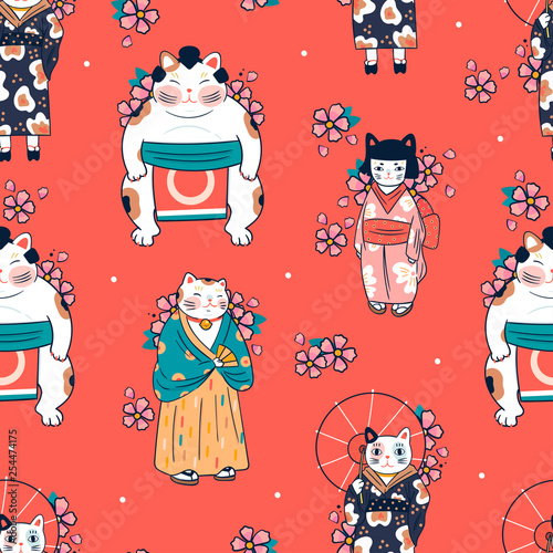 Various cats dressed in traditional japanese clothes with sakura flowers. Anthropomorphic animals. Kawaii illustration. Hand drawn colored vector seamless pattern. Red background