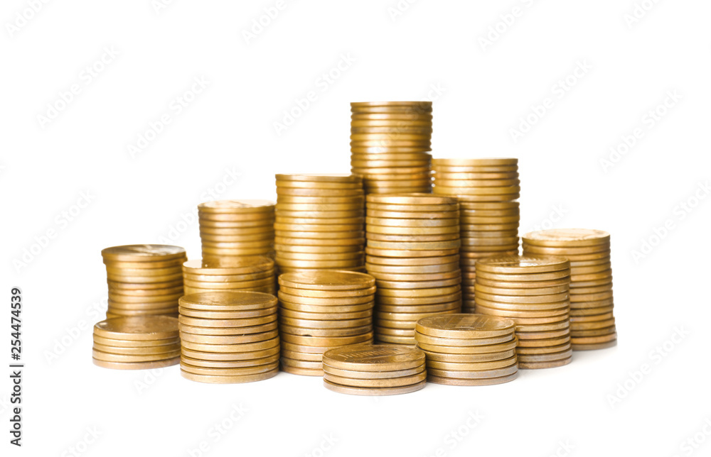 Stacks of shiny coins on white background Stacks of shiny coins on white background