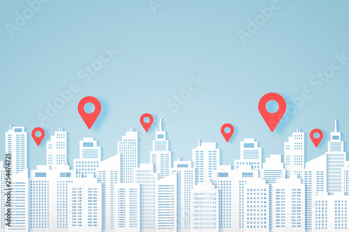 Cityscapes , paper building with location markers
