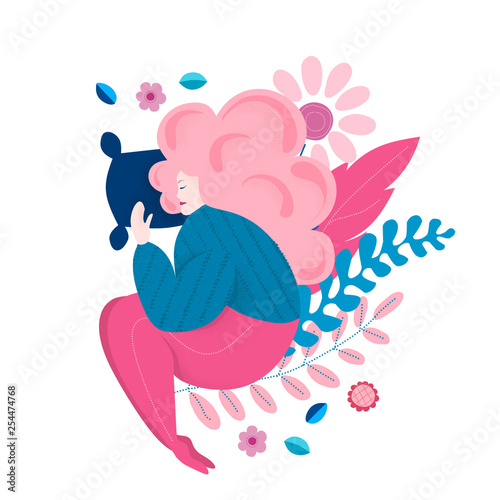 Fat girl sleeping on the pillow, with voluminous hairstyle and warm sweater.