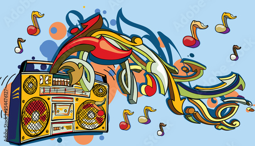 Funky colorful boom box, notes and graffiti arrows