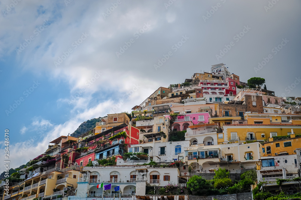 Colorful Positano village on a cloudy day