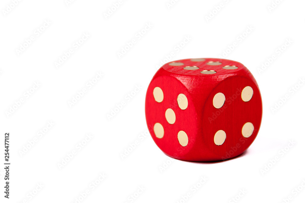 A big red dice isolated on white background with a six on top, gambling, dice games and first grade education and number learning concept A big red dice isolated on white background with a six on top, gambling, dice games and first grade education and number learning concept