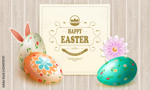 Easter light composition with a silhouette of eggs, rabbit ears, a flower and a square frame,